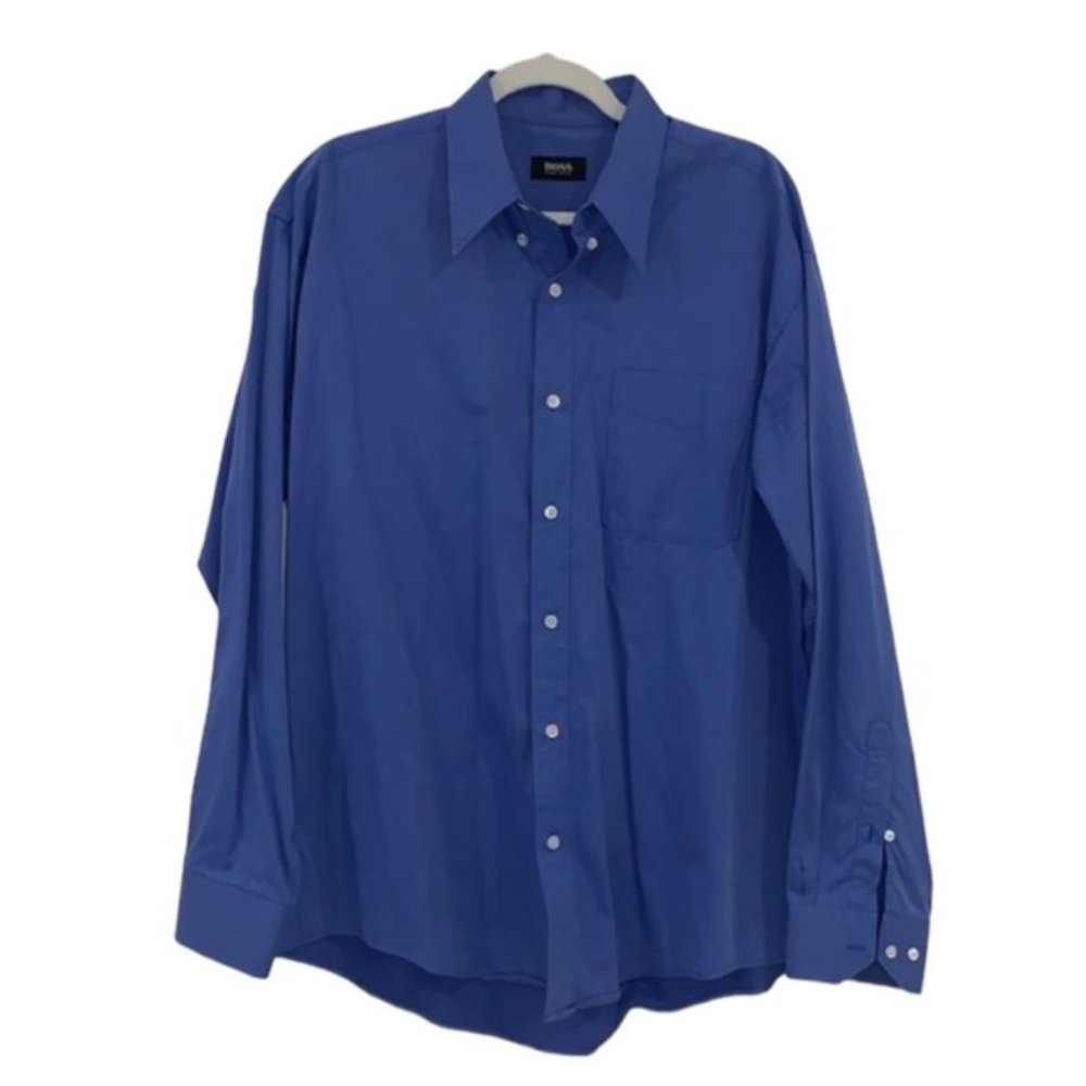 HUGO Boss Big & Tall Blue Long Sleeve Button Down Cotton Dress Shirt size 41/16
